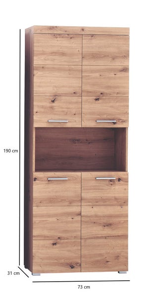 AmandaMando Bad Hochschrank 4 Türen, 1 offenes Fach Eiche Dekor. 73 X 31 X 190 cm