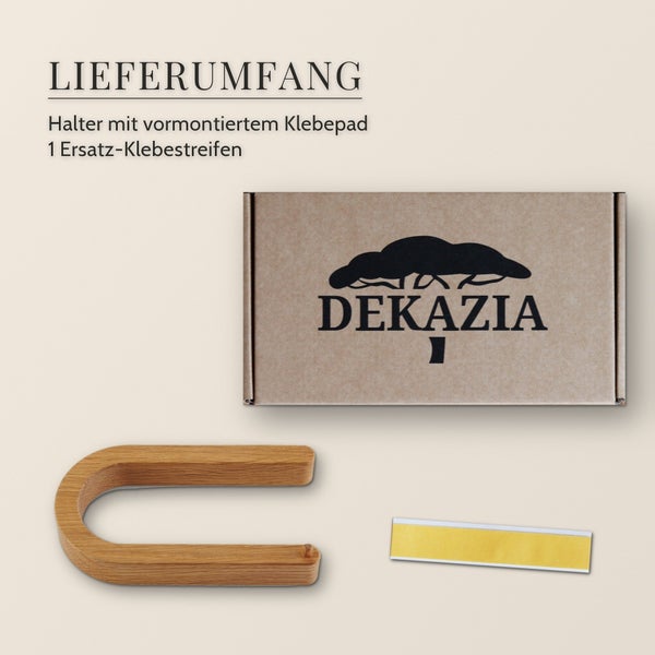 Lieferumfang eines U-förmigen Holzhalters von Dekazia mit Ersatzklebestreifen und Verpackungskarton.