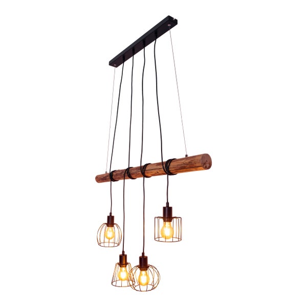 4er Pendelleuchte WOODLAND,  Hängelampe, Metall und Holz in Schwarz, und natur- E27-Fassung, für Esszimmer, Wohnzimmer, Diele oder Büro, 100 cm lang