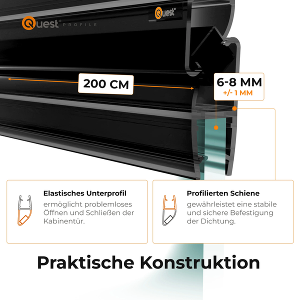 Quest Profile Dichtungsschiene, Länge 200 Zentimeter, für Glasstärken von 6 bis 8 Millimeter, elastisches Unterprofil und profilierte Schiene.
