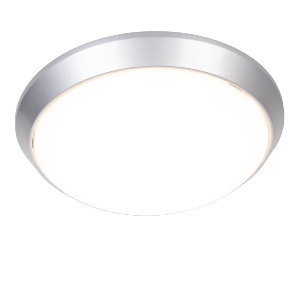 LED Wand- Deckenleuchte Ø 33 cm, aus silberfarbenem Metall und opalfarbenem Kunststoff, integrierte LEDs, warmweiß