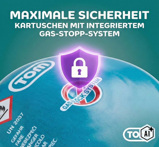 Gaskartusche mit integriertem Gas Stopp System fuer maximale Sicherheit