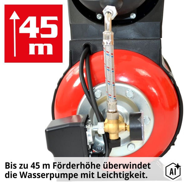 Hauswasserwerk mit einer Förderhöhe von bis zu 45 Metern und Manometeranschluss.