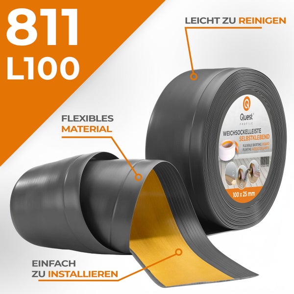 Quest Weichsockelleiste Selbstklebend, Breite Sockelleiste 100 x 25 mm, PVC Knickleiste für Wand, Boden, Flexibel, Dunkelgrau, 1 Meter