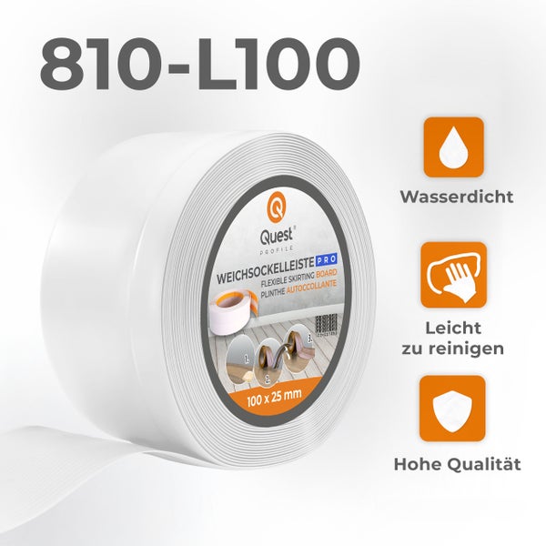 Eine Rolle selbstklebende Weichsockelleiste von Quest Profile mit einer Abmessung von 100 mal 25 Millimeter, wasserdicht und leicht zu reinigen.