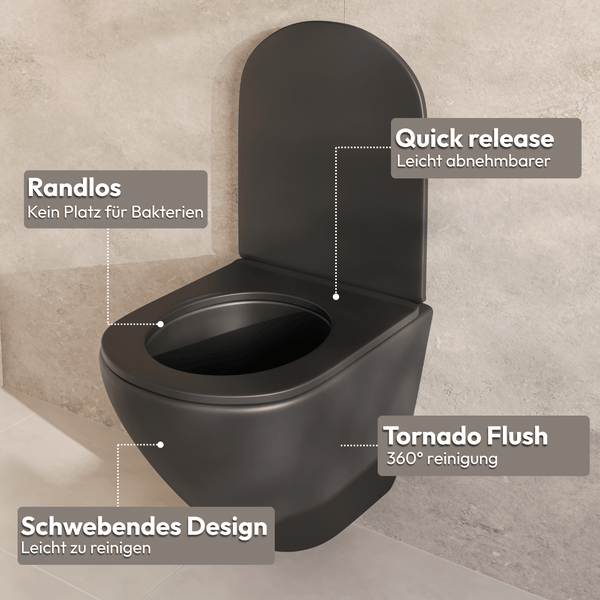 Wandhänge WC mit Quick Release Funktion randlosem Design und Tornado Flush Spülung in einem modernen Badezimmer.