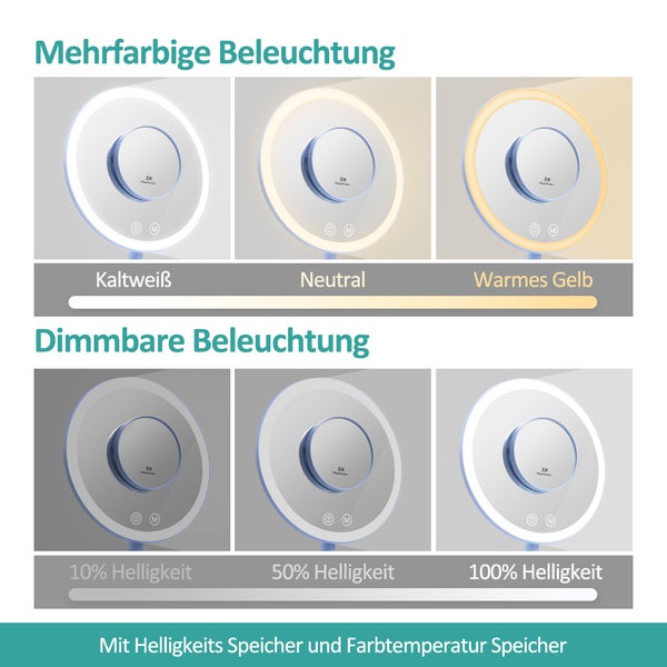 EMKE Kosmetikspiegel mit Beleuchtung ф20cm, Tischspiegel mit Touchschalter, 3 dimmbare Lichtfarben, Blau