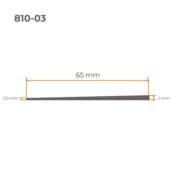 Technische Zeichnung eines 65 Millimeter langen Stifts mit einer Dicke von 0,5 Millimetern an einem Ende und 2 Millimetern am anderen Ende