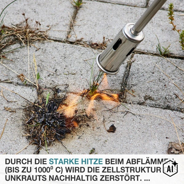 Abflammgerät zur Unkrautvernichtung auf Pflastersteinen mittels starker Hitze bis zu 1000 Grad Celsius.