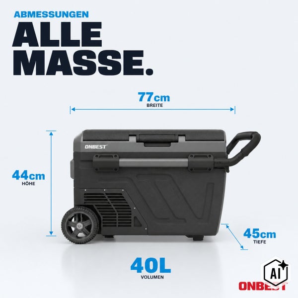 Technische Zeichnung der Onbest Kompressorkühlbox mit Maßangaben: 77 cm Breite, 44 cm Höhe, 45 cm Tiefe und 40 Liter Volumen.