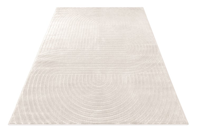 Rechteckiger Teppich mit geometrischem Muster aus Linien und Bögen in Beige.