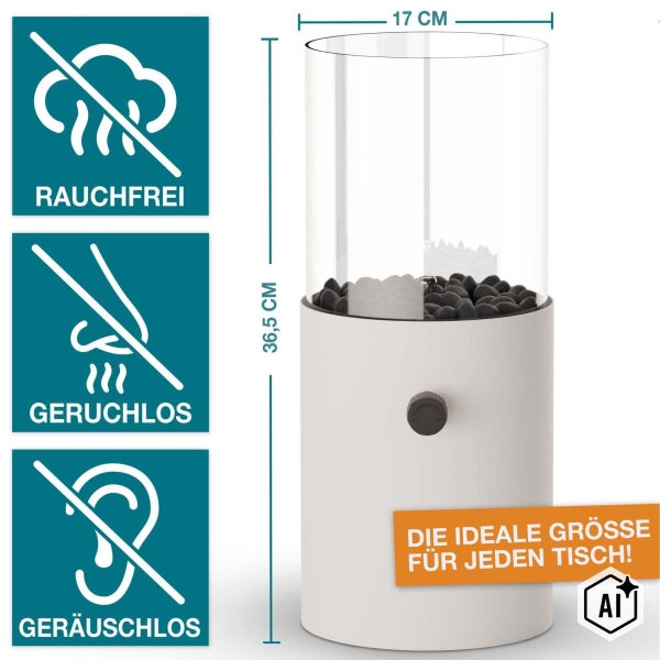 Tischkamin mit Glaszylinder, 36,5 Zentimeter hoch und 17 Zentimeter breit, rauchfrei, geruchlos und geräuschlos für den Innenbereich.