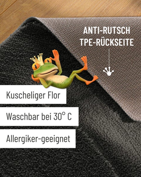 Teppich mit weichem Flor, rutschhemmender TPE-Rückseite, waschbar bei 30 Grad und für Allergiker geeignet.