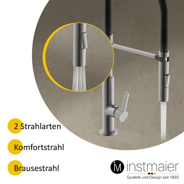 instmaier Küchenarmatur K4 | Flexible Geschirrbrause | Wasserhahn Küche mit 2 Funktionen | Spültischarmatur Graphit / Schwarz | 360° schwenkbar | mit Zentralverschraubung