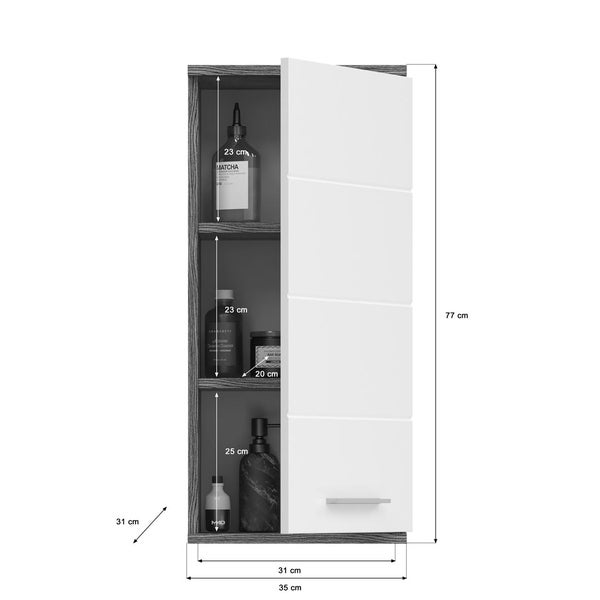 Blake Badschrank wandhängend 1 Tür Hochglanz weiß,rauchfarbenen. 35 X 25 X 77 cm