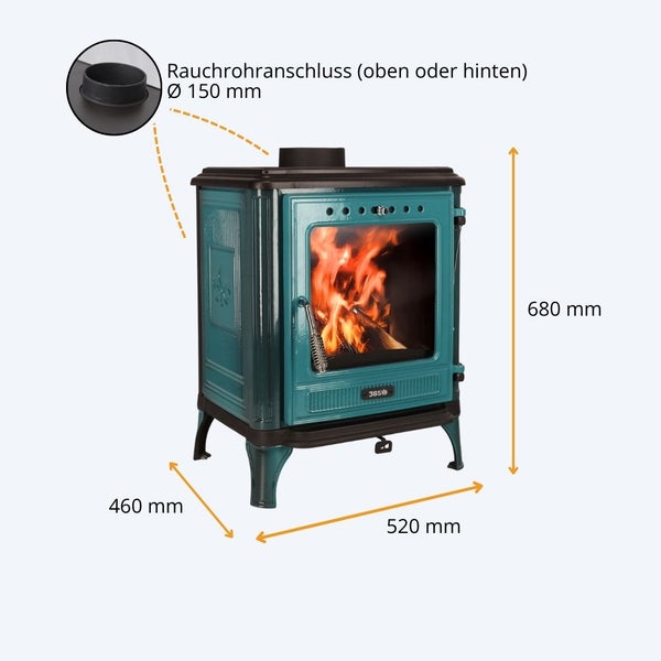 Kaminofen mit Sichtfenster und Maßangaben inklusive Rauchrohranschluss Durchmesser 150 Millimeter oben oder hinten.