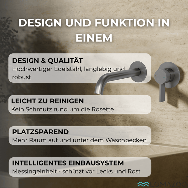 Unterputz Waschtischarmatur aus Edelstahl mit Produktvorteilen wie platzsparendem Design, einfacher Reinigung und robuster Messinginstallation.