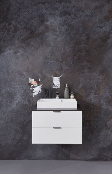 ConceptOne Bad Waschbeckenunterschrank 2 Schubladen, Waschbecken grau, weiß Hochglanz, MineralgussAufsatzwaschbecken Weiß. 60 X 45 X 48 cm