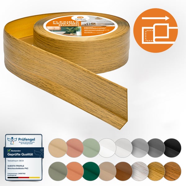 Quest Weichsockelleiste Selbstklebend 50 x 20 mm, PVC Sockelleiste, Flexibel, Eiche, 15 Meter