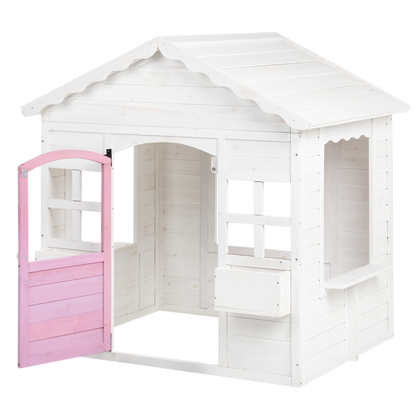 Weißes Kinderspielhaus aus Holz mit teilweise geöffneter Tür