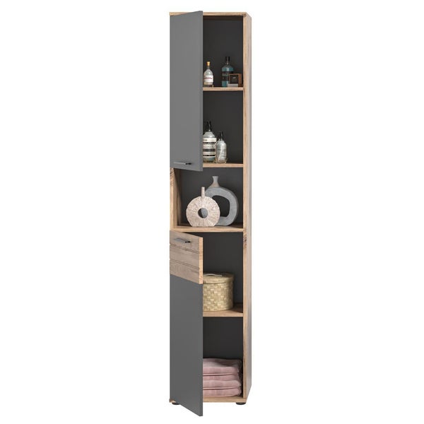 Mason Hochschrank Bad 2 Türen, 1 Ablage  grau,Eiche dekor. 37 X 34 X 190 cm