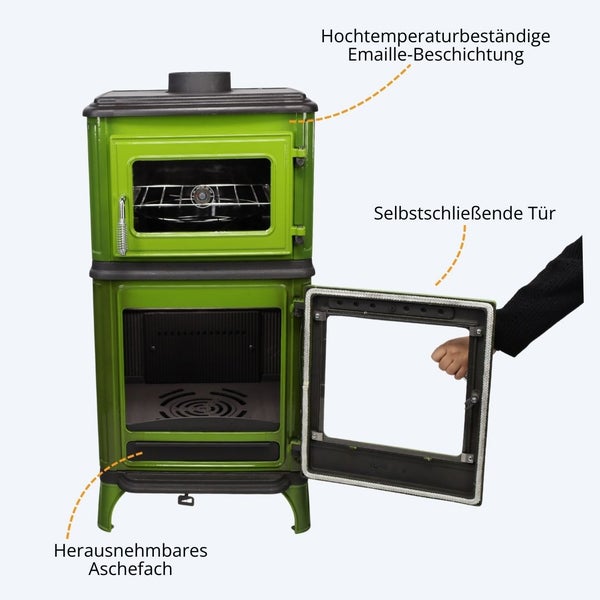Grüner Kaminofen mit Backfach, hochtemperaturbeständiger Emaille-Beschichtung, selbstschließender Tür und herausnehmbarem Aschefach.