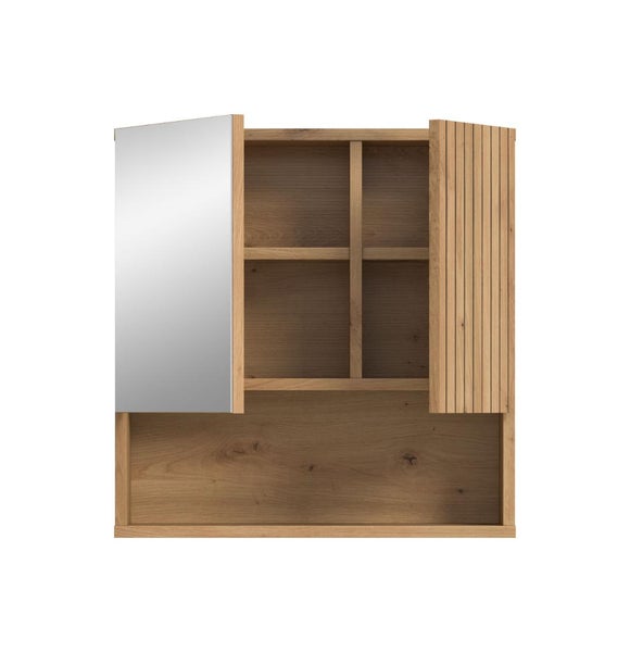 Offener Spiegelschrank aus Holz mit Regalen