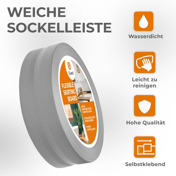 Weiche, selbstklebende Sockelleiste als Rolle mit Icons für wasserdicht, pflegeleicht, hohe Qualität und einfache Montage.