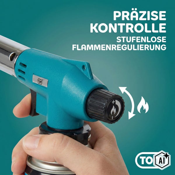 TOM Gasbrenner mit stufenloser Flammenregulierung für präzise Kontrolle der Flammenstärke bei der Arbeit.
