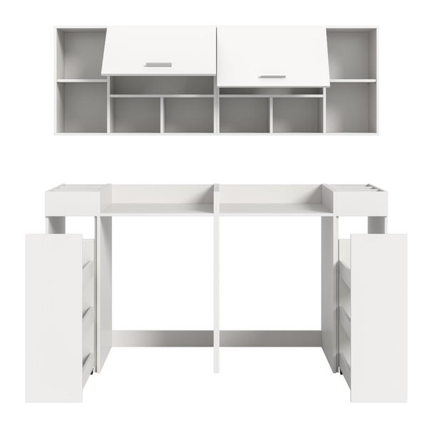 Wandhängender Schminktisch in Weiß mit integrierten Regalfächern, Schubladen und passendem Oberschrank mit Klapptüren.