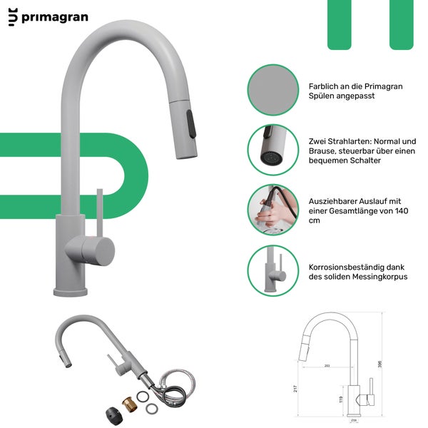 Primagran Küchenarmatur mit ausziehbarer Brause und Messingkorpus
