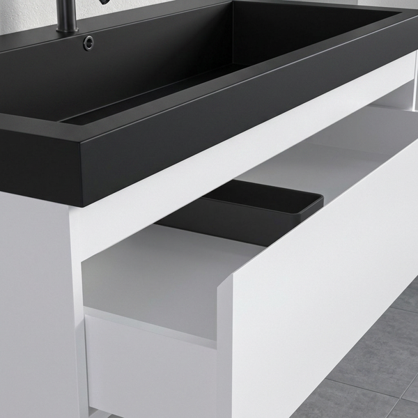 Moderner Waschtischunterschrank mit offener Schublade und rechteckigem Waschbecken für ein Badezimmer.