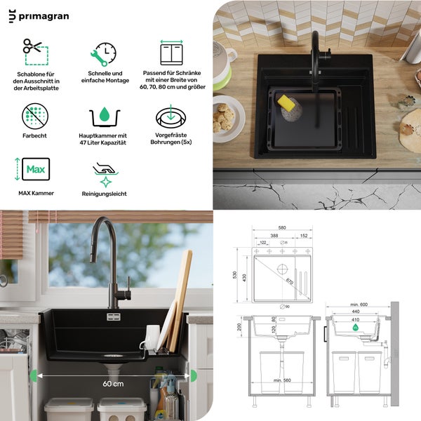 PRIMAGRAN Spülbecken Alles Schwarz 58x53cm, Granitspüle 1 Becken + Ablauf-Set + Küchenzubehörset, Küchenspüle ab 60er Unterschrank - Oslo Max