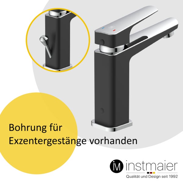 instmaier Waschtischarmatur B2 | hochwertige Mischdüse | Wasserhahn Bad mit Bohrung für Exzentergestänge | Badezimmer Armatur Schwarz / Chrom | mit Zentralverschraubung | Für Lochdurchmesser von 35-50mm