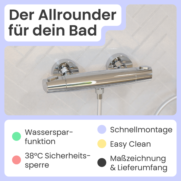 Aufputz-Thermostatbatterie mit Wassersparfunktion, 38 Grad Celsius Sicherheitssperre, Schnellmontage, Easy Clean Funktion sowie Maßzeichnung und Lieferumfang