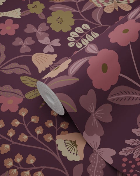 ESTAhome Tapete Blumen und Vögel Aubergineviolett - 50 x 900 cm - 131639