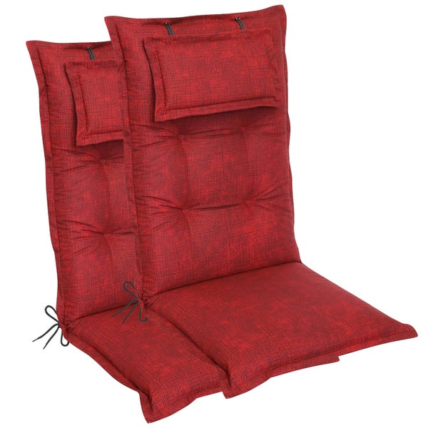 Zwei rote Gartenstuhlauflagen mit Knöpfen und Befestigungsbändern
