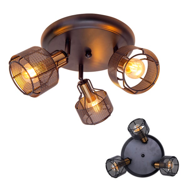 Deckenleuchte mit drei Strahlern und Gitterschirmen
