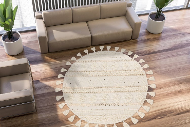 Kurzflor Teppich Whisperia Bunt 18 mm Neuseelandwolle / Baumwolle Boho handgewebt Ø 160 cm