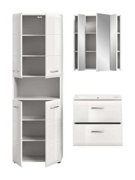 Badezimmermöbel Set in Hochglanz Weiß bestehend aus Hochschrank, Spiegelschrank und Waschbeckenunterschrank mit Keramikwaschbecken.