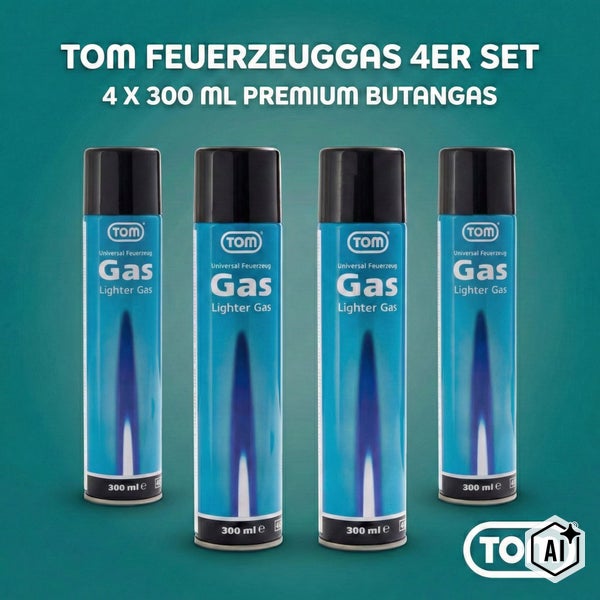 Vierer Set TOM Feuerzeuggas, Premium Butangas in 300 Milliliter Sprühdosen zur Nachfüllung von Feuerzeugen.