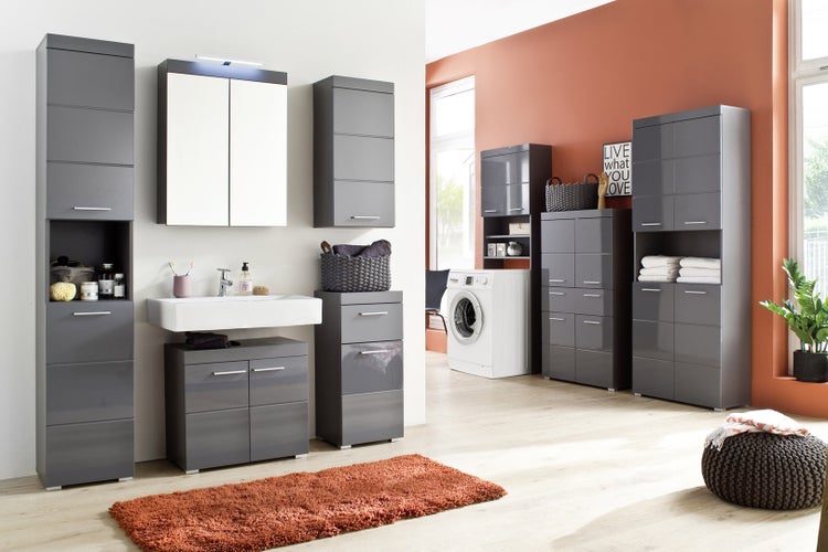 AmandaMando Bad Hochschrank 2 Türen, 1 offenes Fach grau, grau Hochglanz. 37 X 31 X 190 cm