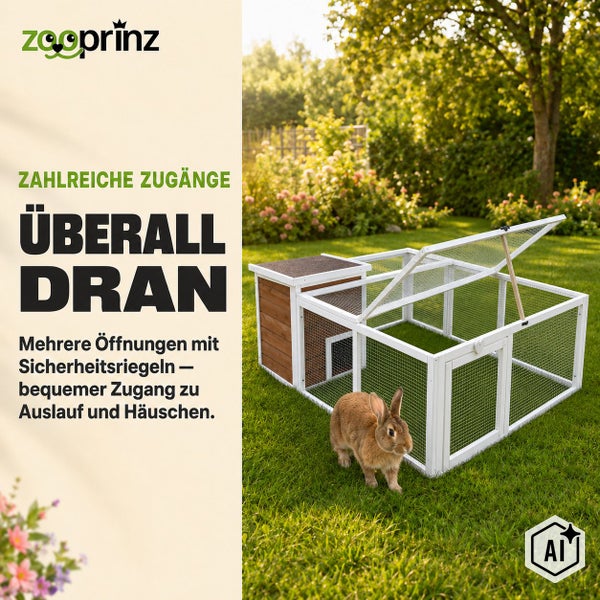 Ein hölzernes Kaninchenstall-Gehege mit mehreren Öffnungen für leichten Zugang im Garten mit einem Kaninchen.
