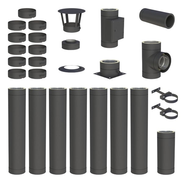 Doppelwandiges Schornstein-Set aus Edelstahl in Anthrazit mit Rohren, T-Stück, Reinigungselement, Mündungsabschluss und Wandhaltern.