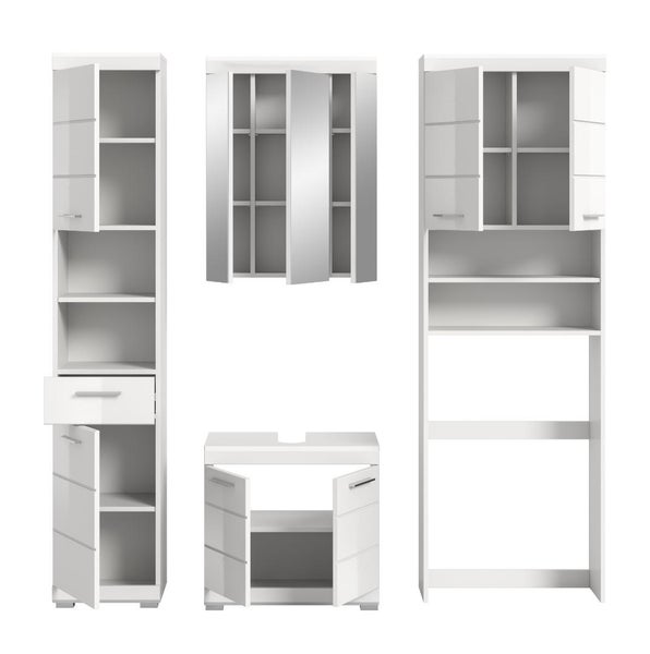 Vierteiliges Badezimmermöbel Set in Weiß bestehend aus Hochschrank, Spiegelschrank, Waschbeckenunterschrank und Waschmaschinenüberbau.