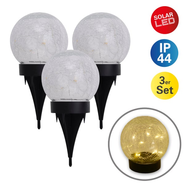 3er-Set LED-Solar-Tischleuchte/Erdspieß Crackle Ø 12cm , für Außen, Tischleuchte - Kunststoff und Glas , Weiß,  mit integrierter LED