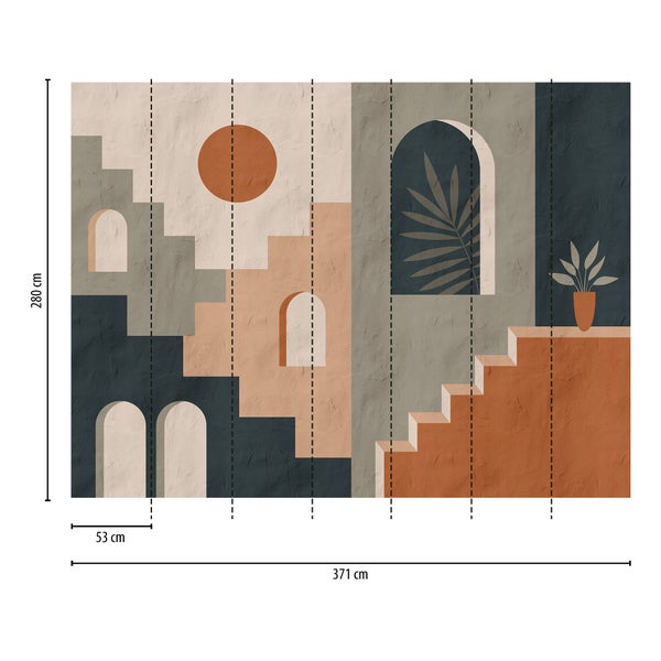 Abstrakte Fototapete mit Treppen, Bögen und Sonne in Erdtönen. Maße 371 mal 280 Zentimeter, bestehend aus sieben Bahnen zu je 53 Zentimeter.