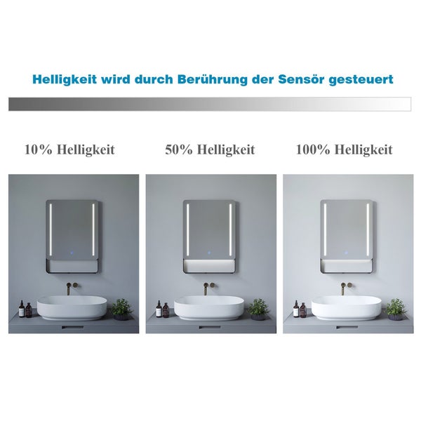 Spiegel mit Beleuchtung und Sensorschalter zur stufenlosen Helligkeitsregulierung von zehn bis hundert Prozent im Badezimmer.