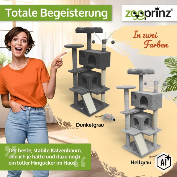 Eine junge Frau präsentiert einen stabilen Zooprinz Kratzbaum für Katzen, der in zwei Ausführungen mit Höhlen, Liegeflächen und Sisalstämmen besteht.
