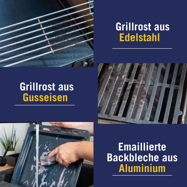 Infografik zur Reinigung von Grillrosten aus Edelstahl und Gusseisen sowie emaillierten Backblechen aus Aluminium.